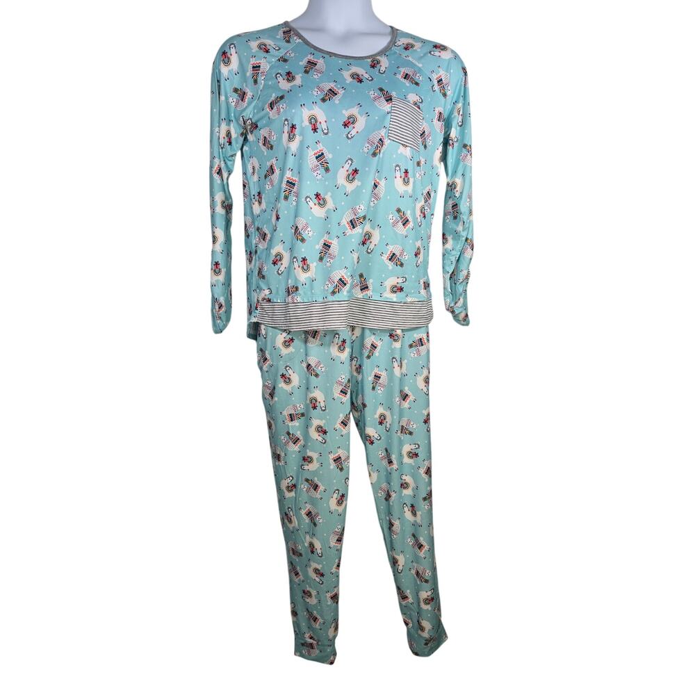 Cudl Duds Women's Blue Llama Print Pajama Set In A Soft Knit Fabric. Size Medium